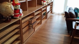 Ann Arbor hardwood floor, custom carpentry works, Michigan, wall library bottom shelves
