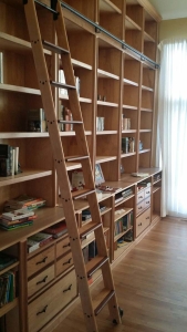 Ann Arbor hardwood floor, custom carpentry works, Michigan, wall library wooden ladder