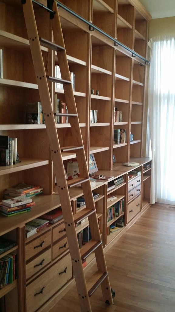 Ann Arbor hardwood floor, custom carpentry works, Michigan, wall library wooden ladder