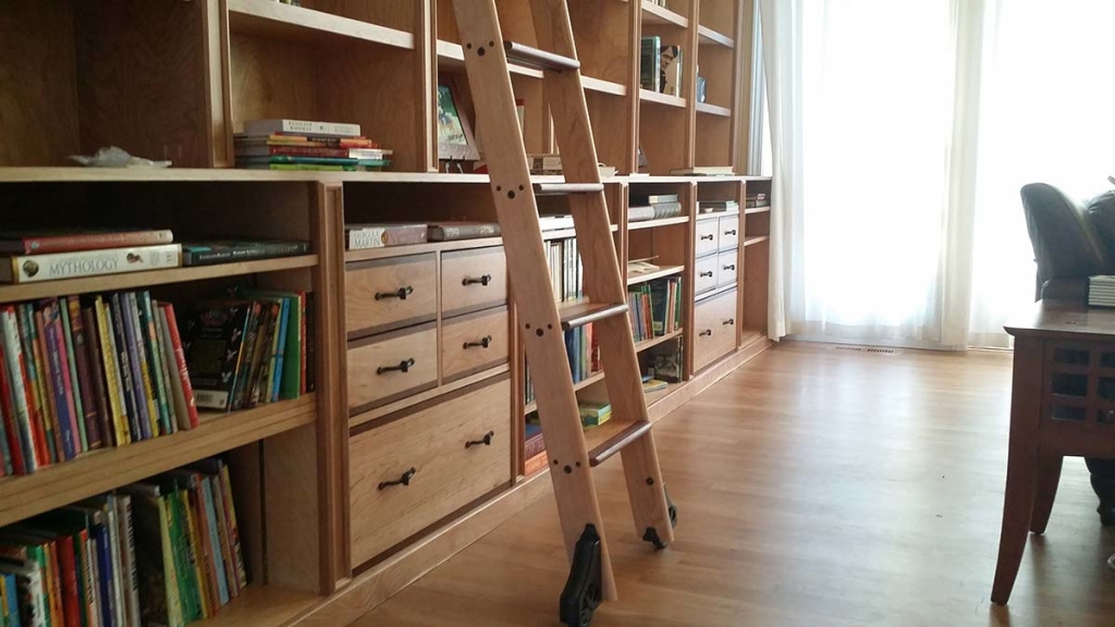 Ann Arbor hardwood floor, custom carpentry works, Michigan, wall library wooden ladder